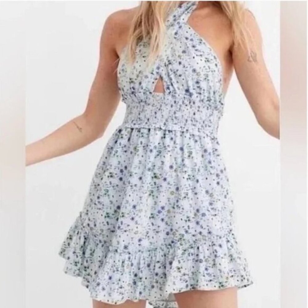 Aerie Blue Spring Fling Floral Halter Mini Dress Size NWOT
